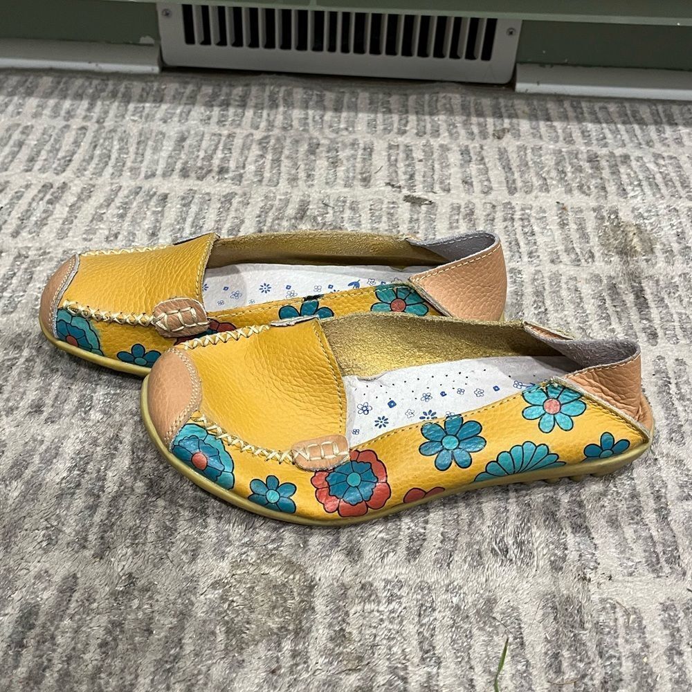 Comfortable Leather Floral Print Flats Casual Driving Loafer Shoes Yellow Sz 36